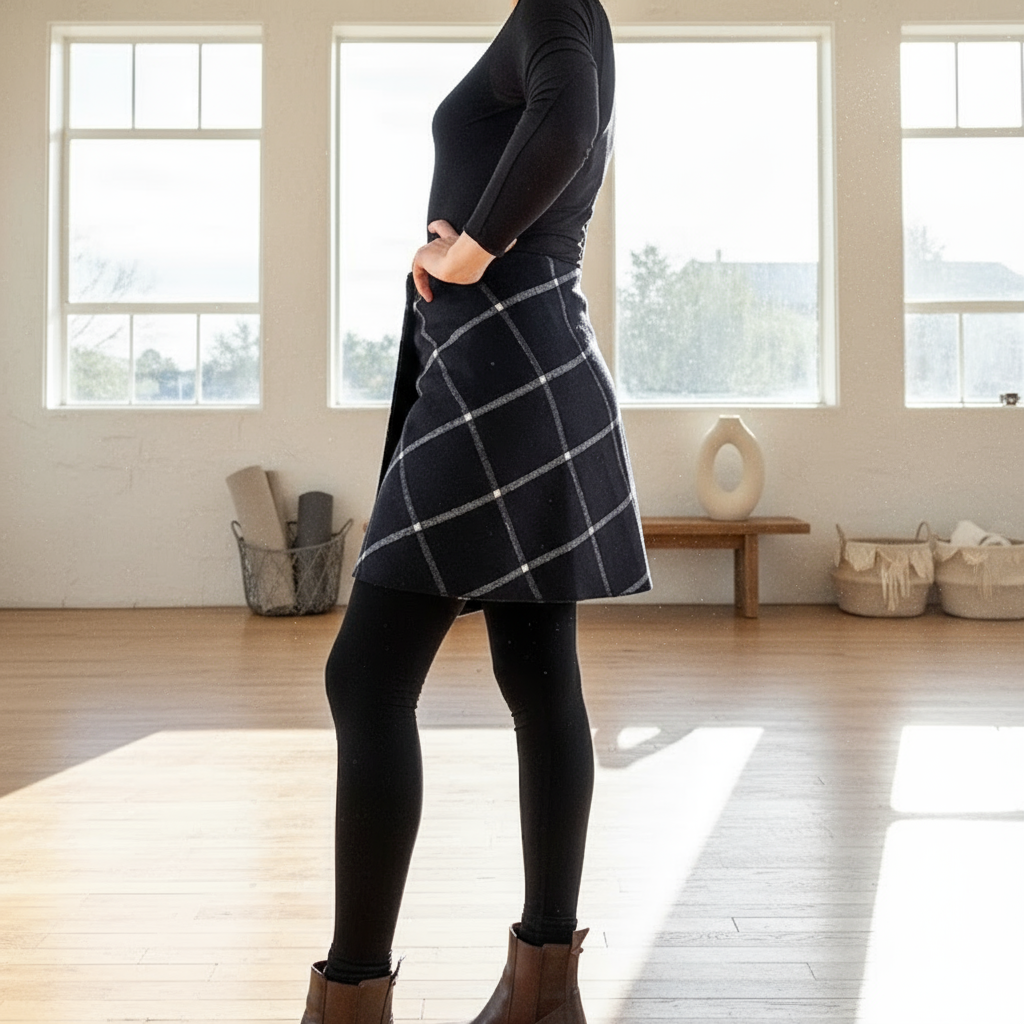 Person wearing a black and white checkered skirt in a bright room with large windows.