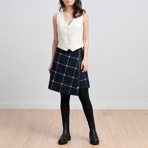 TUKUAN black and white plaid knee-length versatile wrap overskirt, one size fits 4–14, designed and made in Quebec, Canada.