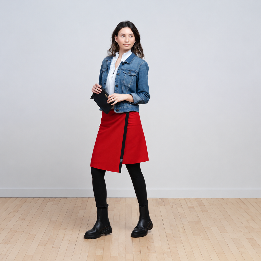Red overskirt against a grey wall