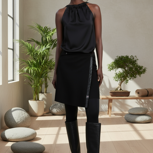 Woman in a black outfit standing in a room with plants and stones.