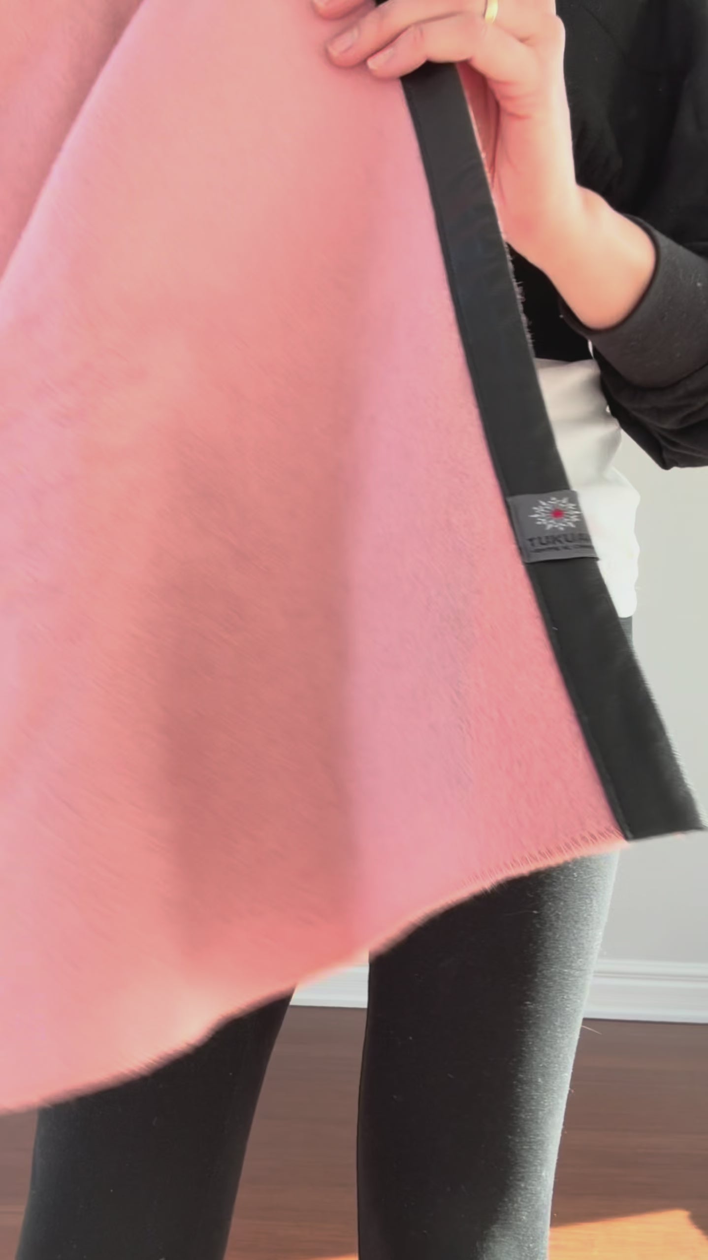 TUKUAN pink versatile wrap skirt styled as an overskirt and shawl, one size 4–14, designed and made in Quebec, Canada.