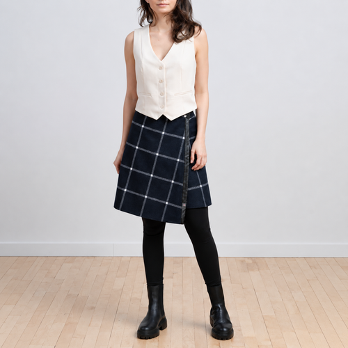 TUKUAN black and white plaid knee-length versatile wrap overskirt, one size fits 4–14, designed and made in Quebec, Canada.