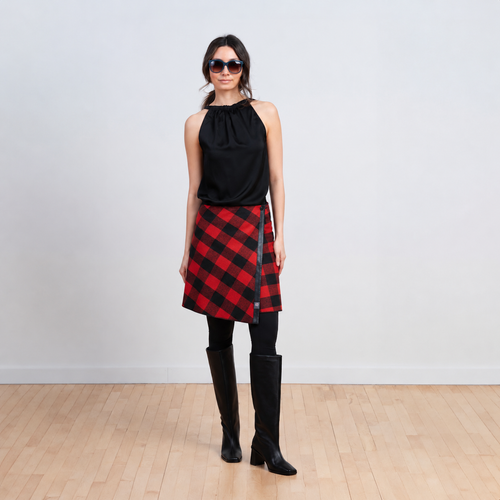 TUKUAN Canadian Heritage Plaid wool knee-length wrap overskirt, a versatile one-size 4–14 accessory designed and made in Quebec, Canada.