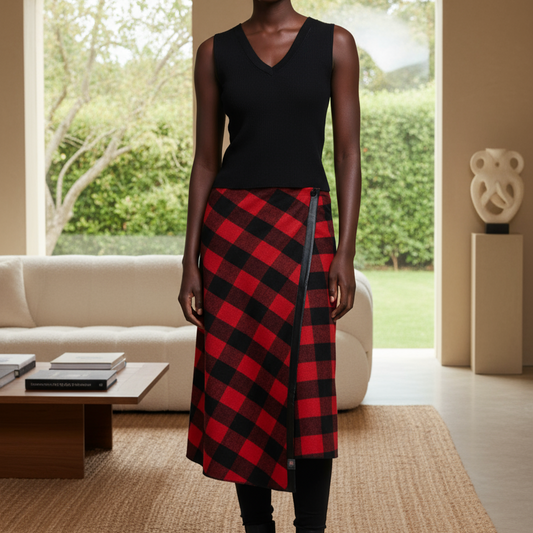 Woman in a black top and red plaid skirt standing in a modern living room.