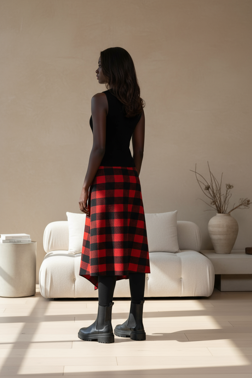Woman wearing a black top and red plaid skirt in a living room.
